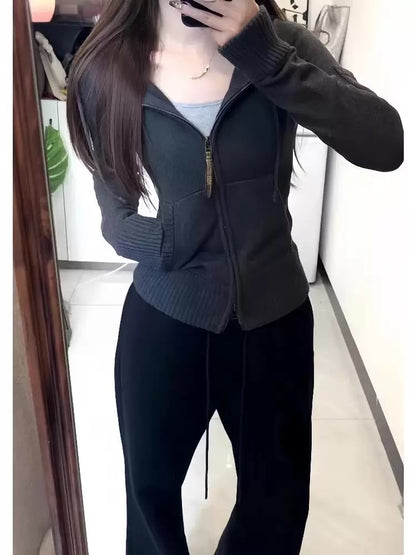 Korean style early autumn suit for women, atmosphere wear, hooded knitted cardigan sweater jacket, flared trousers, two-piece suit