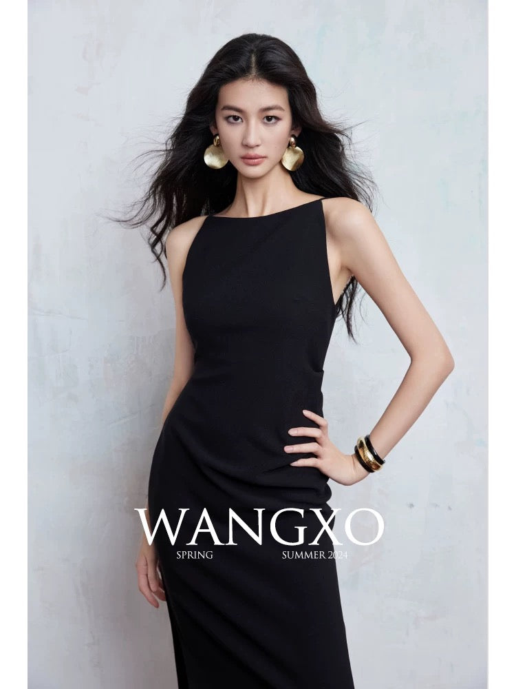 WANGXO｜TR messy knit | skinny draping handmade pleats | one-shoulder neckline side slit vest dress