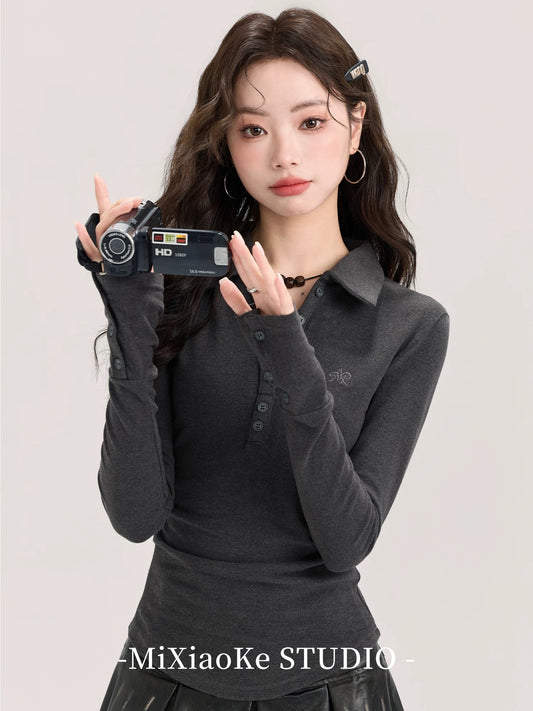 Mi Xiaoke design gray slim long-sleeved T-shirt women's spring 2025 new style inner wear knitted sweater bottoming top