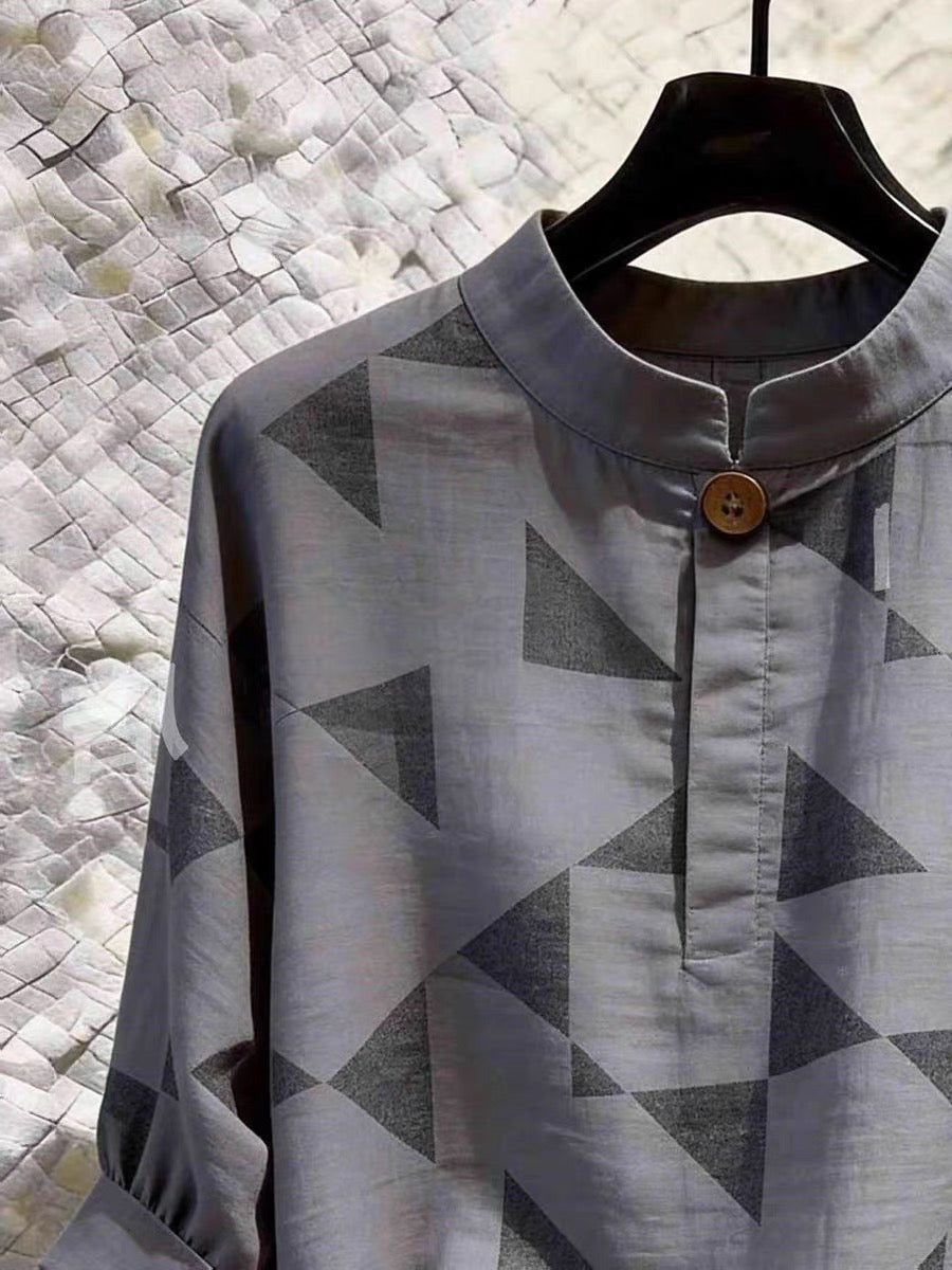 High-end casual women's grey shirt featuring a stylish geometric pattern—a standout design from the Summer 2026 collection.