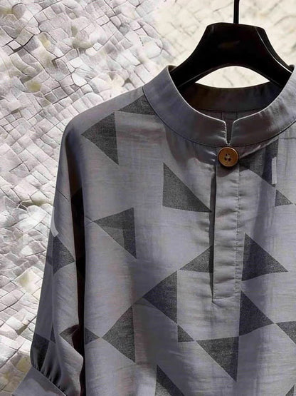 High-end casual women's grey shirt featuring a stylish geometric pattern—a standout design from the Summer 2026 collection.