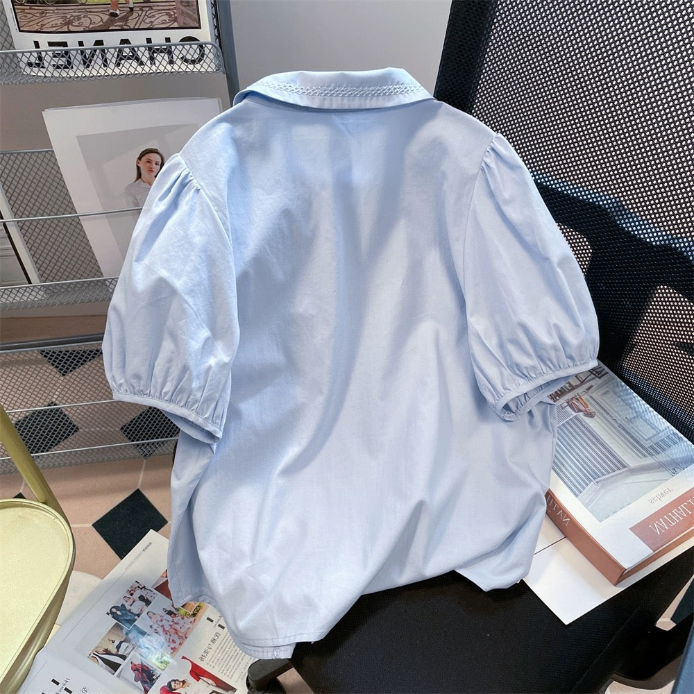 Japanese college style cute butterfly tie embroidered shirt men and women summer sweet doll collar puff sleeve short top