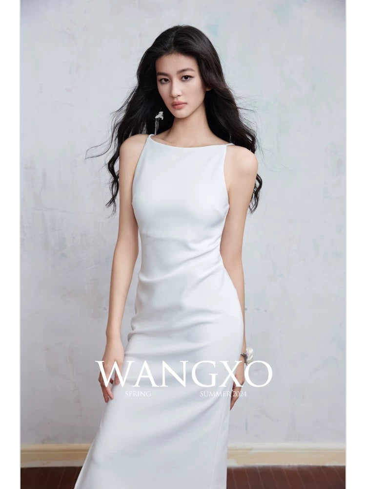 WANGXO｜TR messy knit | skinny draping handmade pleats | one-shoulder neckline side slit vest dress