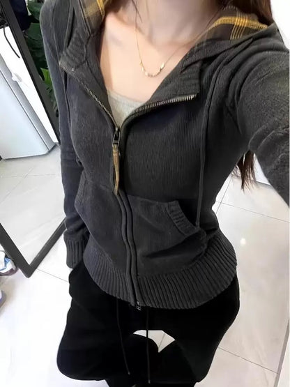 Korean style early autumn suit for women, atmosphere wear, hooded knitted cardigan sweater jacket, flared trousers, two-piece suit