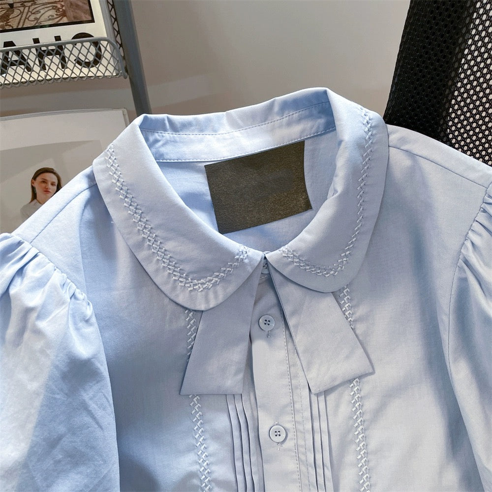 Japanese college style cute butterfly tie embroidered shirt men and women summer sweet doll collar puff sleeve short top