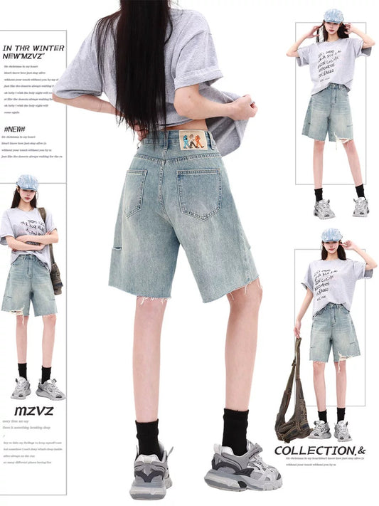 MZVZ American Retro Light Blue Five-Point Denim Shorts Women's Summer High-Waisted Straight Leg Ripped Wide Leg Pants