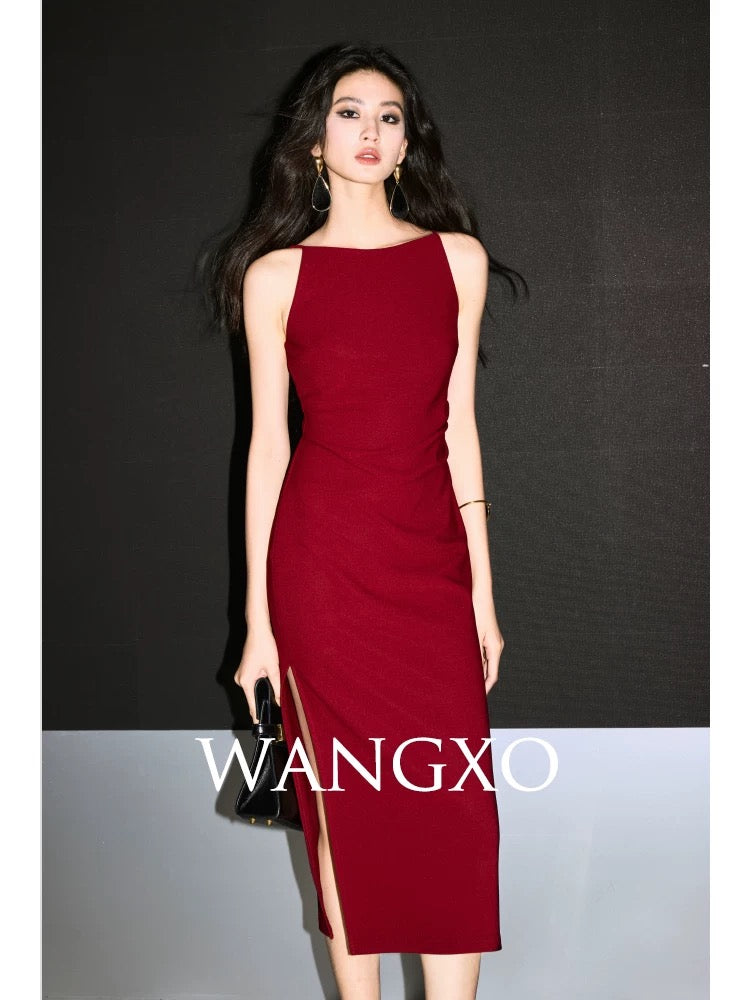 WANGXO｜TR messy knit | skinny draping handmade pleats | one-shoulder neckline side slit vest dress