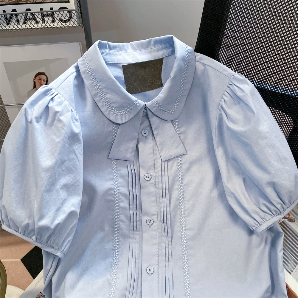 Japanese college style cute butterfly tie embroidered shirt men and women summer sweet doll collar puff sleeve short top