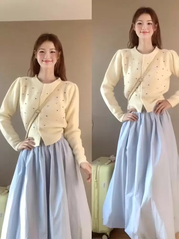 Korean style early autumn temperament outfit a complete set of round neck sweater jacket knitted cardigan half skirt two-piece suit for women