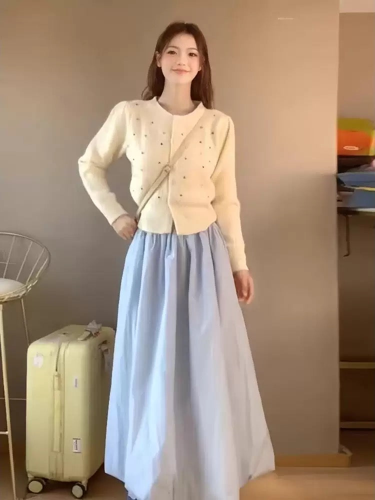 Korean style early autumn temperament outfit a complete set of round neck sweater jacket knitted cardigan half skirt two-piece suit for women