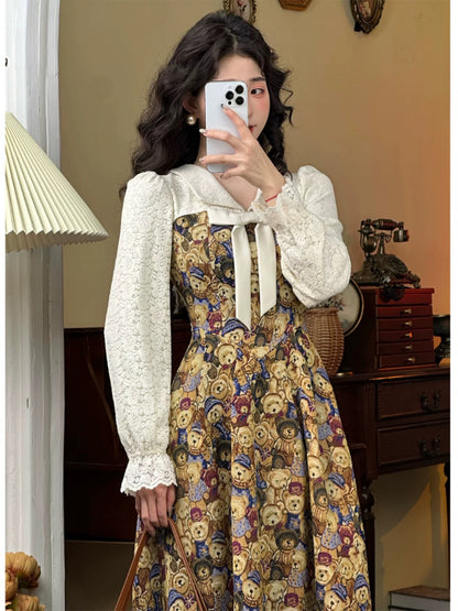 Mrs. Xiao's new French lace splicing lace-up waist skirt temperament jacquard autumn and winter long-sleeved dress for women
