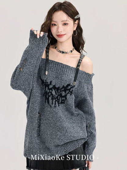 Mi Xiaoke American retro one-shoulder sweater for women in autumn and winter, small lazy style pullover sweater, off-shoulder top