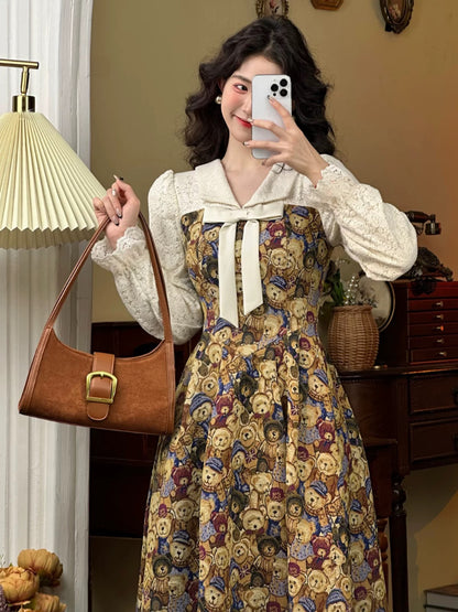 Mrs. Xiao's new French lace splicing lace-up waist skirt temperament jacquard autumn and winter long-sleeved dress for women