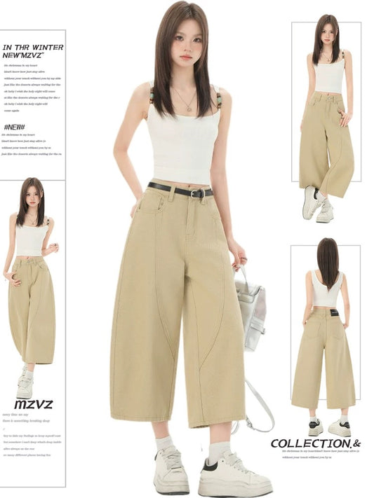 MZVZ Khaki Wide-Leg Curved Cropped Jeans for Women, Summer Style, Loose Fit, Straight Leg, Seven-Point Cropped Shorts