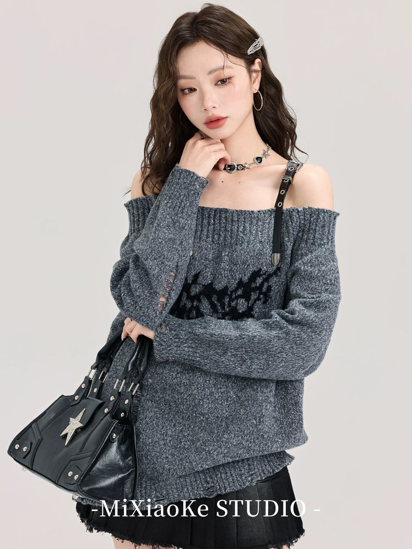 Mi Xiaoke American retro one-shoulder sweater for women in autumn and winter, small lazy style pullover sweater, off-shoulder top
