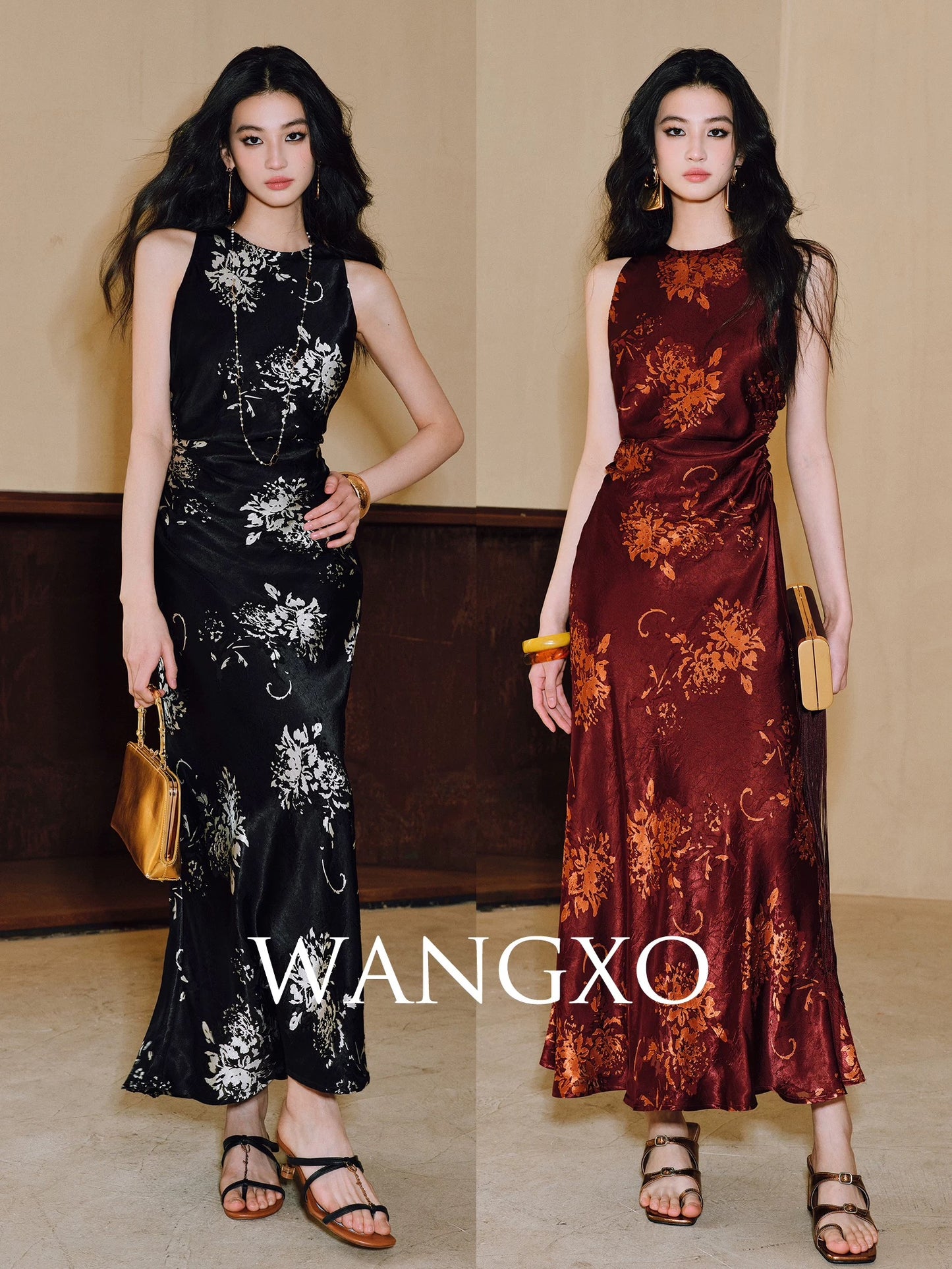 WANGXO｜Strongly twisted double-sided mercerized silk cut flowers｜Hand-made pleats｜Stand-up shoulder-cut A-line dress