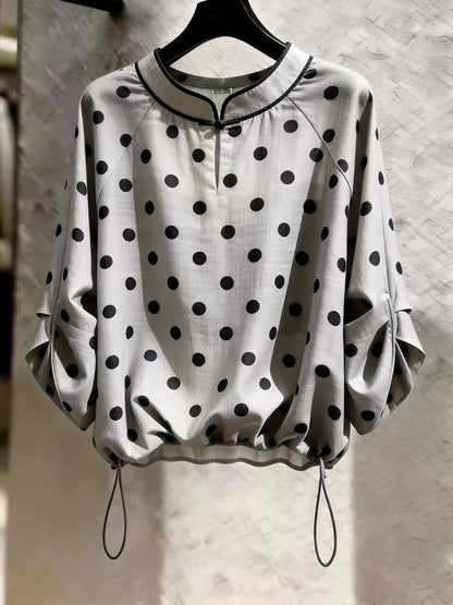 Store-exclusive item: Stylish, chic grey polka-dot shirt for women—a casual yet sophisticated top with a unique design, perfect for work or everyday wear (2026 Summer New Arrival).