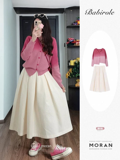 Korean style fashionable gradient knitted cardigan sweater jacket skirt two-piece suit autumn and winter petite