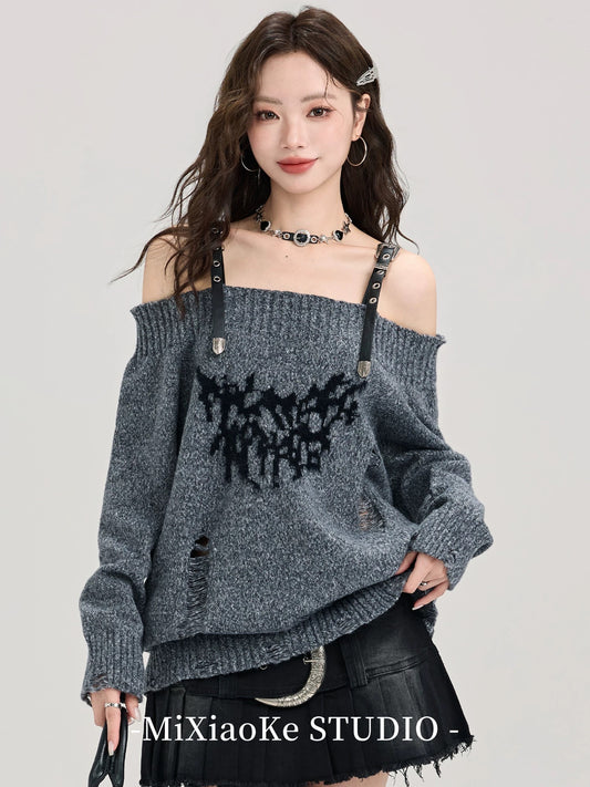 Mi Xiaoke American retro one-shoulder sweater for women in autumn and winter, small lazy style pullover sweater, off-shoulder top