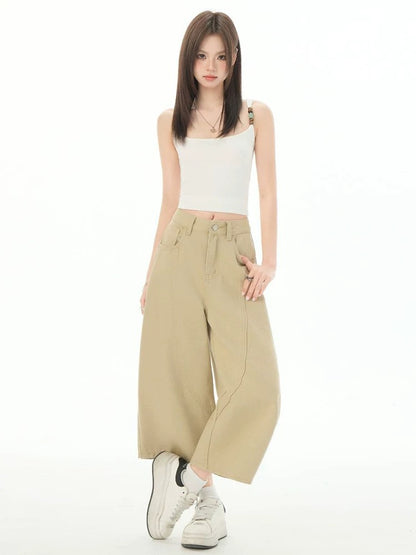 MZVZ Khaki Wide-Leg Curved Cropped Jeans for Women, Summer Style, Loose Fit, Straight Leg, Seven-Point Cropped Shorts