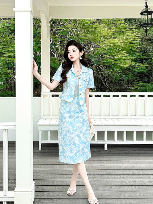 Unique and beautiful Tencel denim small suit 2025 summer new style women's age-reducing one-piece outfit two-piece skirt suit