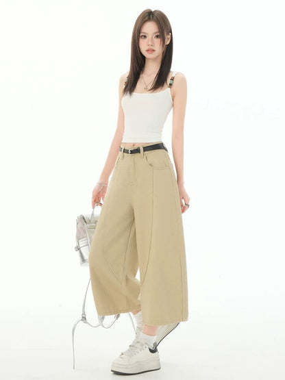 MZVZ Khaki Wide-Leg Curved Cropped Jeans for Women, Summer Style, Loose Fit, Straight Leg, Seven-Point Cropped Shorts