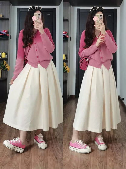 Korean style fashionable gradient knitted cardigan sweater jacket skirt two-piece suit autumn and winter petite