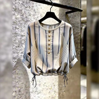 Store-exclusive 2026 Summer New Arrival: Women's French-style striped top featuring a round neck, chic commuter aesthetic, and a drawstring waist.