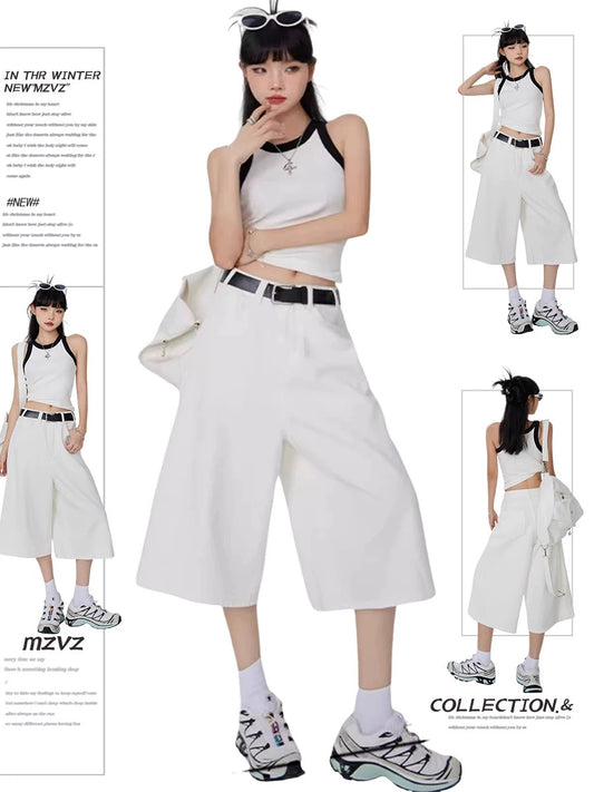MZVZ American Retro White Denim Capri Shorts Women's Summer 2025 New Style Loose Wide Leg Versatile 7/8 Shorts