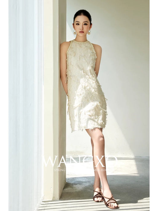 WANGXO｜Fringed jacquard with heavy-duty three-dimensional texture｜Elegant round-neck sleeveless Chanel style dress