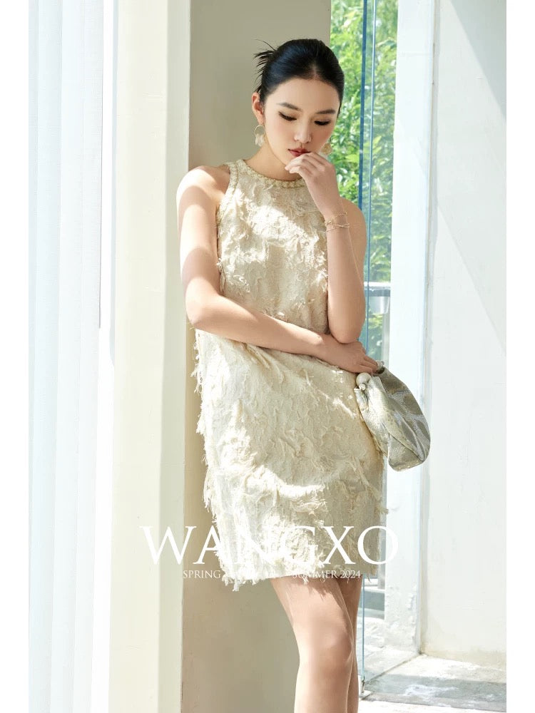 WANGXO｜Fringed jacquard with heavy-duty three-dimensional texture｜Elegant round-neck sleeveless Chanel style dress
