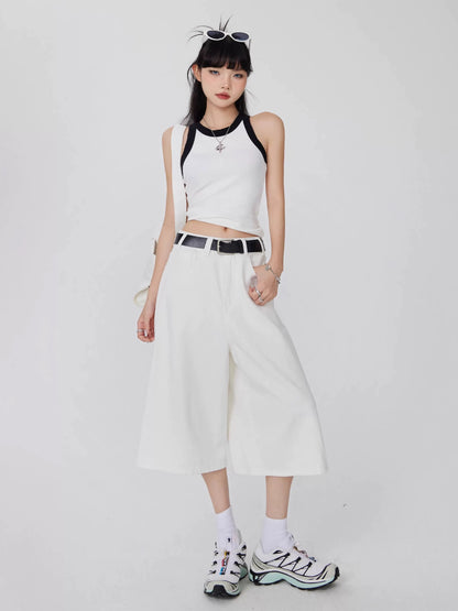 MZVZ American Retro White Denim Capri Shorts Women's Summer 2025 New Style Loose Wide Leg Versatile 7/8 Shorts
