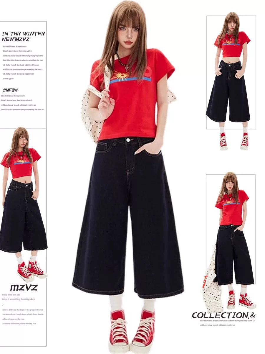 MZVZ American Retro White Denim Capri Shorts Women's Summer 2025 New Style Loose Wide Leg Versatile 7/8 Shorts
