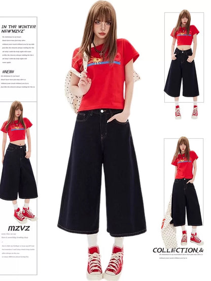 MZVZ American Retro White Denim Capri Shorts Women's Summer 2025 New Style Loose Wide Leg Versatile 7/8 Shorts