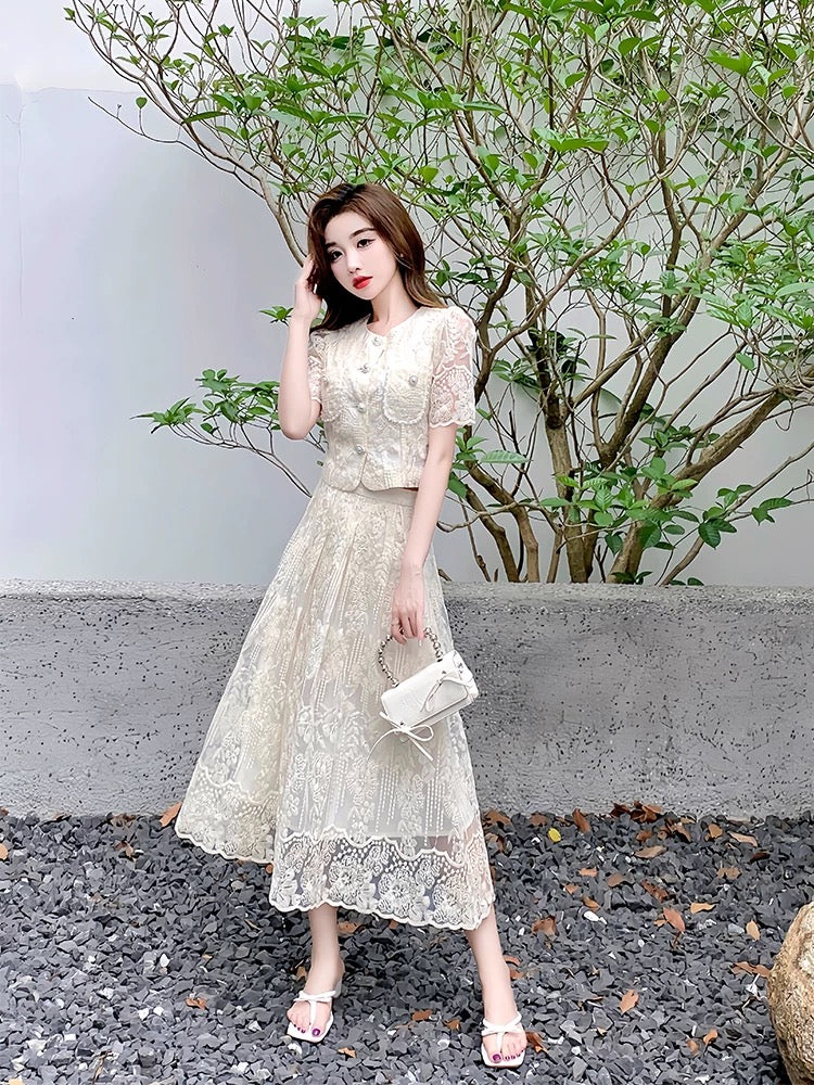 This year's popular beautiful suits for women 2025 new summer age-reducing beautiful and fashionable lace skirt two-piece suit
