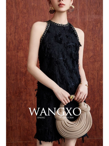 WANGXO｜Fringed jacquard with heavy-duty three-dimensional texture｜Elegant round-neck sleeveless Chanel style dress