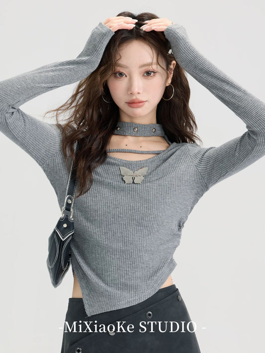 Mi Xiaoke hot girl hollow halter neck knitted long-sleeved T-shirt female autumn and winter inner bottoming shirt design short top