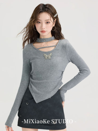 Mi Xiaoke hot girl hollow halter neck knitted long-sleeved T-shirt female autumn and winter inner bottoming shirt design short top