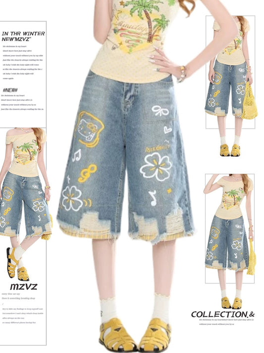 MZVZ Cartoon Graffiti Ripped Denim Cropped Pants Women's Summer New Style Plaid Patchwork Loose Wide Leg Five-Point Shorts