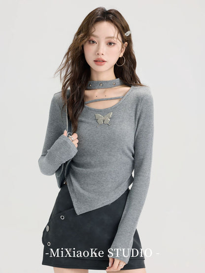 Mi Xiaoke hot girl hollow halter neck knitted long-sleeved T-shirt female autumn and winter inner bottoming shirt design short top