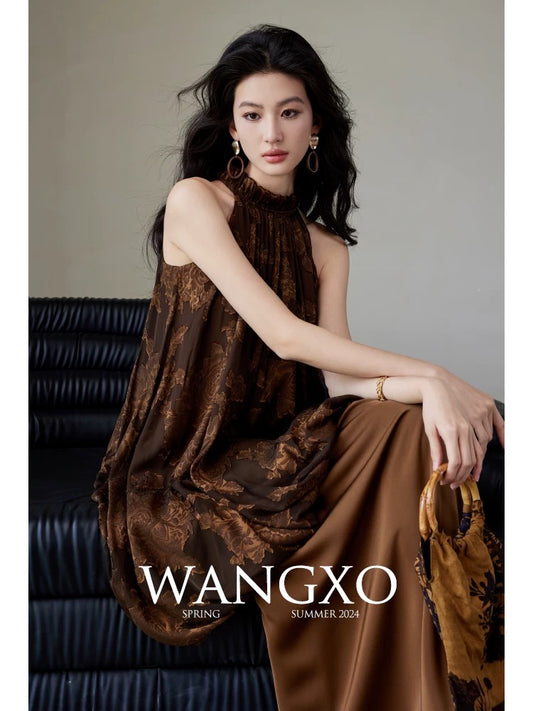 WANGXO｜Customized georgette cut flower splicing glossy walnut satin｜Off-shoulder halter neck tie new Chinese style dress
