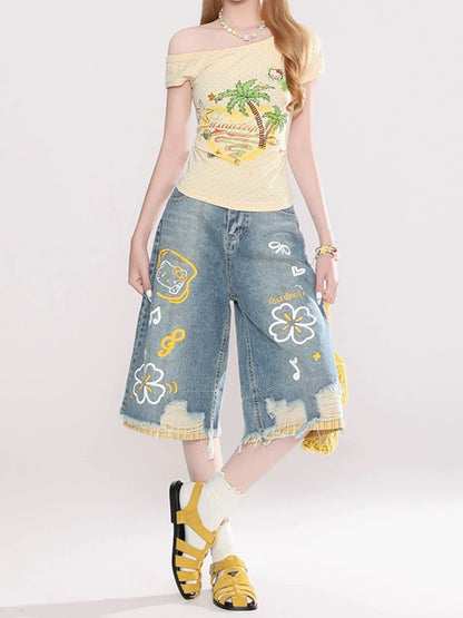 MZVZ Cartoon Graffiti Ripped Denim Cropped Pants Women's Summer New Style Plaid Patchwork Loose Wide Leg Five-Point Shorts