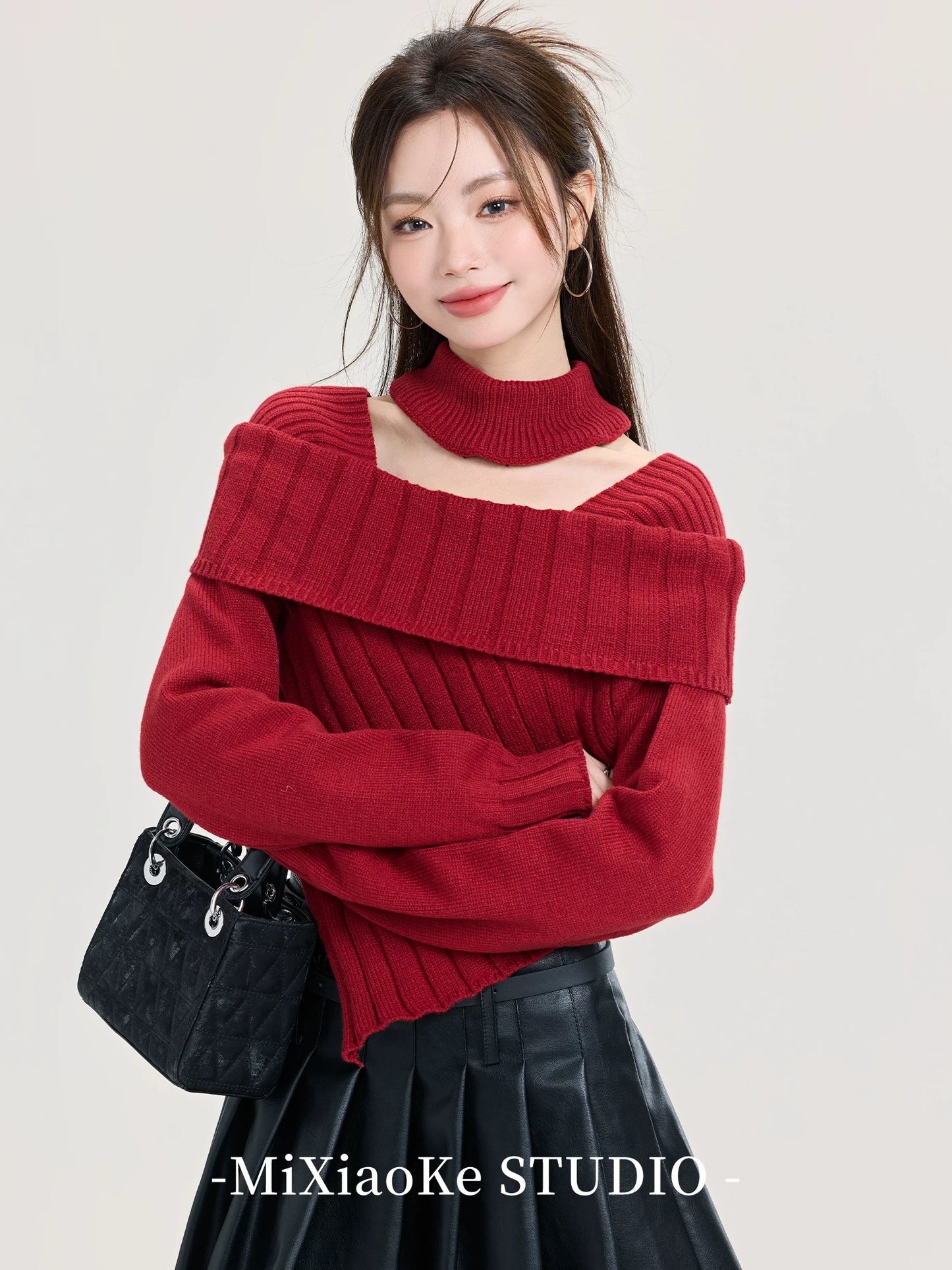 Mi Xiaoke New Year's battle suit one-shoulder off-shoulder knitted sweater for women in autumn and winter with red sweater irregular top