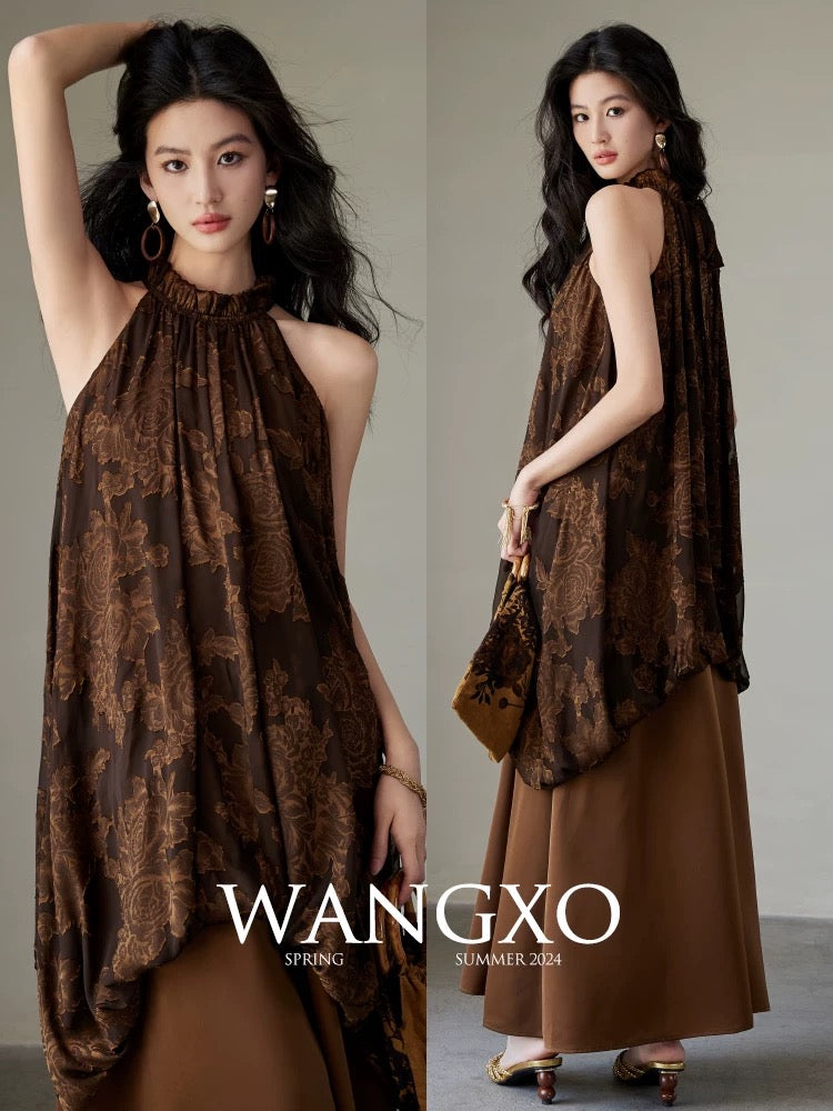 WANGXO｜Customized georgette cut flower splicing glossy walnut satin｜Off-shoulder halter neck tie new Chinese style dress