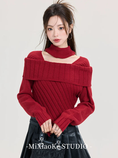 Mi Xiaoke New Year's battle suit one-shoulder off-shoulder knitted sweater for women in autumn and winter with red sweater irregular top