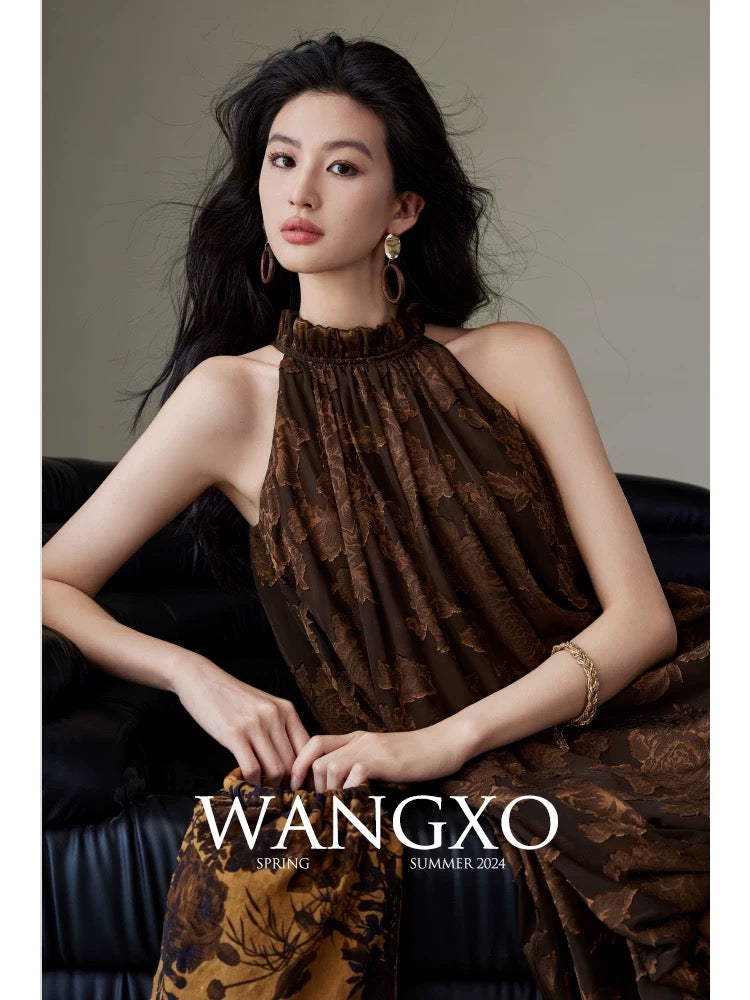 WANGXO｜Customized georgette cut flower splicing glossy walnut satin｜Off-shoulder halter neck tie new Chinese style dress