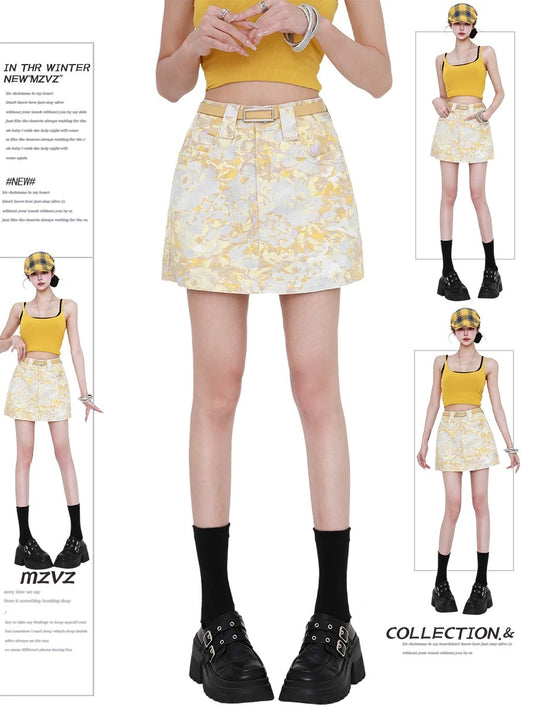 MZVZ Yellow Floral Tie-Dye Denim Skirt for Women, Summer Anti-Exposure High-Waisted A-Line Bodycon Mini Skirt
