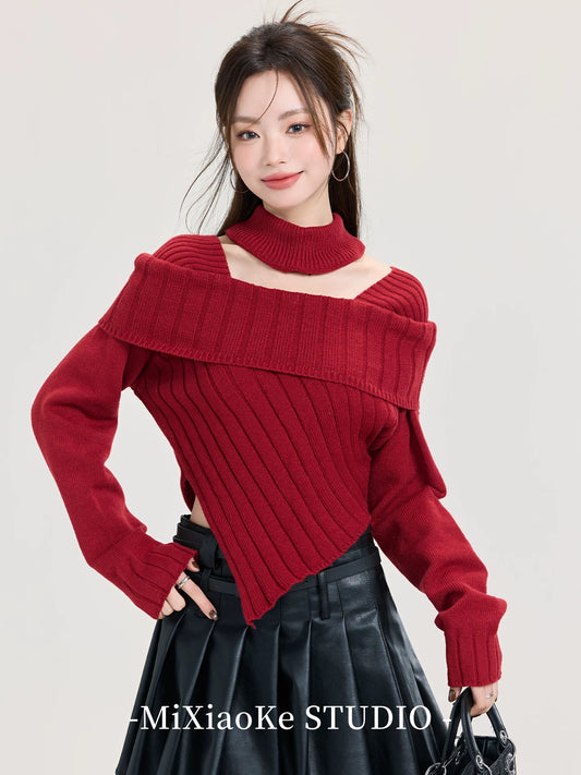 Mi Xiaoke New Year's battle suit one-shoulder off-shoulder knitted sweater for women in autumn and winter with red sweater irregular top