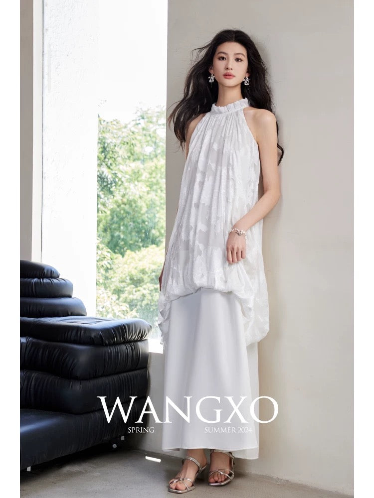 WANGXO｜Customized georgette cut flower splicing glossy walnut satin｜Off-shoulder halter neck tie new Chinese style dress