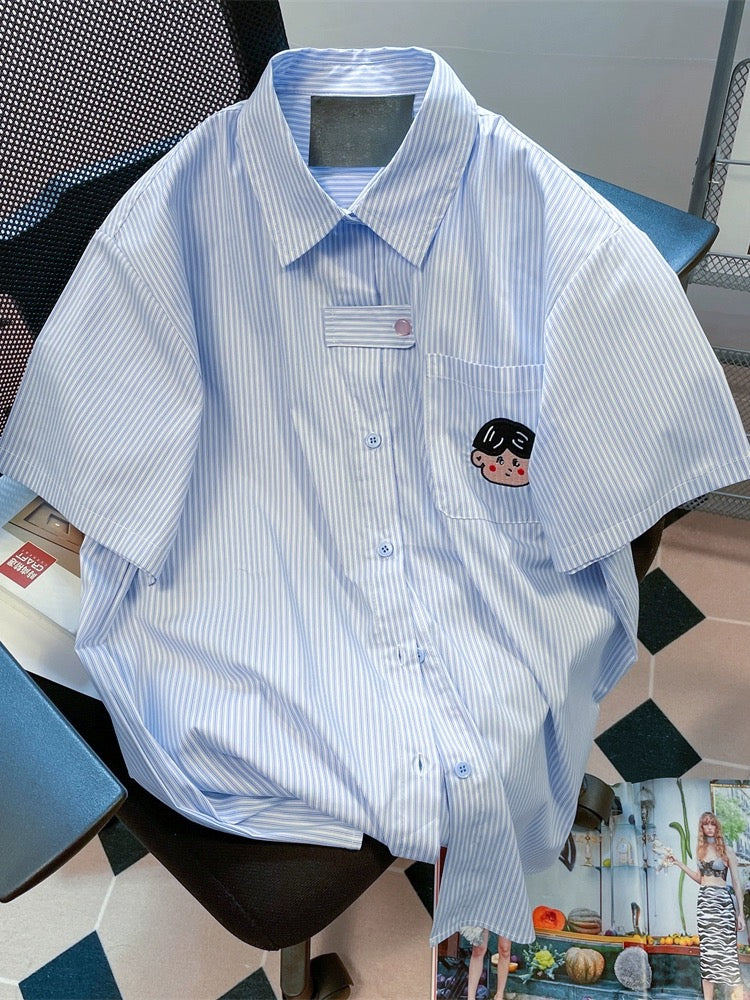 Retro Hong Kong chic blue striped embroidered shirt women's summer short-sleeved oversize lazy style niche top